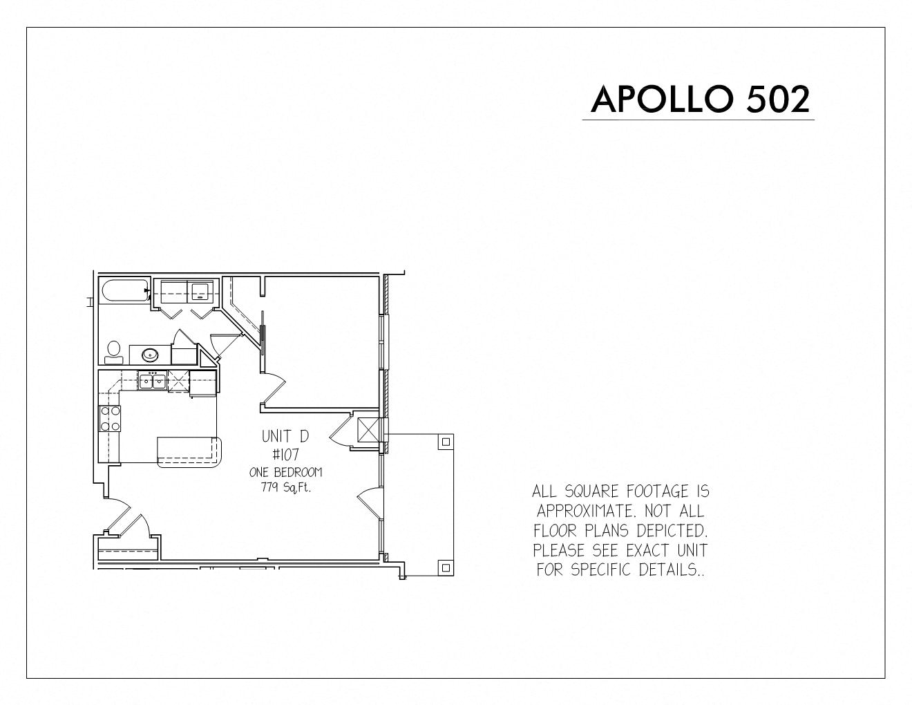 Floor plan for 1 bed, 1 bath, 779 sqft